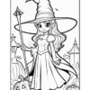 A girl dressed as a witch with a pointed hat, holding a staff, surrounded by pumpkins and a castle in the background.