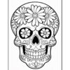 A detailed black and white illustration of a skull adorned with flowers, featuring intricate patterns and designs.
