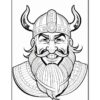 A detailed black-and-white illustration of a Viking with a horned helmet, mustache, and braided beard, wearing armor.