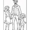 A zombie dad stands between two zombie girls, all with exaggerated features and expressions, set in a cartoon style.