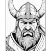 A fierce Viking warrior with a braided beard and horned helmet, staring intensely.