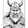A fierce-looking Viking warrior with a braided beard, wearing a horned helmet and detailed armor.