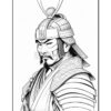 A detailed black and white illustration of a samurai with ornate armor and a stern expression, featuring a topknot hairstyle.