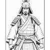 A detailed black and white illustration of a samurai warrior wearing traditional armor, holding swords in a poised stance.