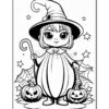 A cute witch character wearing a hat and holding two carved pumpkin lanterns, surrounded by spider webs.