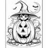 A young witch with a pointed hat peeks over a carved pumpkin surrounded by smaller pumpkins and bats in a Halloween-themed design.