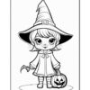 A young witch with a pointed hat, holding a pumpkin bucket with a Jack-o'-lantern face, standing on a simple background.
