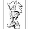 Sonic the Hedgehog standing confidently with a smirk, wearing large shoes and outlined for coloring.
