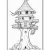 A whimsical treehouse with multiple levels, surrounded by branches, featuring a circular balcony and spiral staircase.