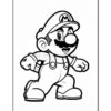 Line art of Mario, a cartoon character in overalls and a cap, striking a playful pose with outstretched arms.