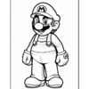 Line art drawing of Mario, a character in red hat and overalls, smiling with outstretched arms.