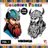 Cover of a coloring book titled 'Vikings Coloring Pages' featuring two Viking characters with distinct hairstyles and beards, one wearing a helmet, set against a colorful background with the words 'Vol. I' and '100 Pages.'