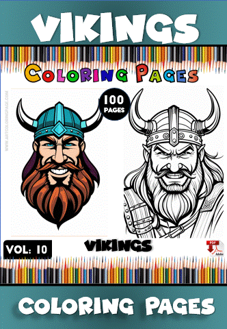 A promotional image for a coloring book titled 'Vikings Coloring Pages', featuring a colorful illustration of a Viking warrior with a blue helmet and a beard on the left side, and a black and white outline drawing of another Viking on the right. The text includes '100 Pages', 'Vol. 10', and 'Coloring Pages' prominently displayed.