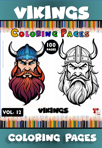 Cover of a coloring book titled 'Vikings Coloring Pages', featuring two illustrated Viking characters with distinct beards and helmets, on a colorful background with colored pencils, and labeled 'Vol. 12' and '100 Pages'.