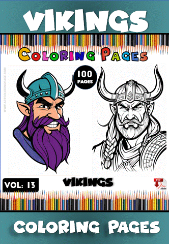 Cover of a coloring book titled 'Vikings Coloring Pages', featuring two illustrated Viking characters with helmets and beards alongside colorful pencil illustrations, labeled as 'Vol. 13' and '100 Pages'.