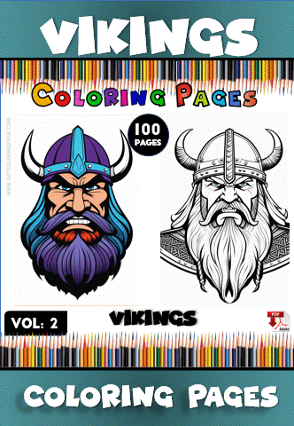 A promotional image for a Vikings coloring book featuring two illustrated Viking characters: one with a colorful beard and helmet, and the other in black and white with a prominent beard. The text includes 'Vikings Coloring Pages' and 'Vol. 2' on a colorful background.