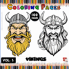 A colorful cover for a coloring book titled 'Vikings Coloring Pages Vol. 3' featuring illustrations of two Viking characters with prominent beards and horned helmets, surrounded by a border of colored pencils.