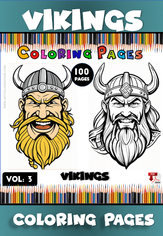 A colorful cover for a coloring book titled 'Vikings Coloring Pages Vol. 3' featuring illustrations of two Viking characters with prominent beards and horned helmets, surrounded by a border of colored pencils.