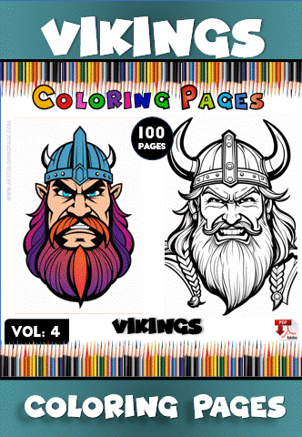 A colorful cover for a Viking-themed coloring book, labeled 'Vikings Coloring Pages Vol. 4' with '100 Pages' prominently displayed. It features two Viking characters: one illustrated in a cartoon style with a colorful beard and helmet, and the other in a black and white sketch style.