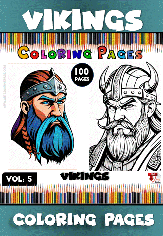 A colorful cover for a coloring book titled 'Vikings Coloring Pages Vol. 5', featuring two stylized Viking characters: one with a blue beard and horned helmet, the other with a white beard and classic Viking helmet. The background has colored pencils and highlights the book's total of 100 pages.