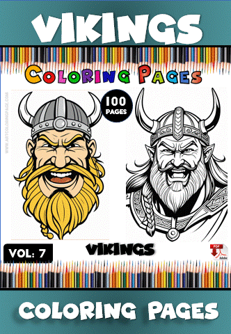 A cover for a Viking-themed coloring book, featuring two illustrated characters with long beards and horned helmets, one in color and the other in black and white. The title 'Vikings Coloring Pages' is prominently displayed at the top, along with 'Vol. 7' and '100 Pages'.