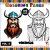 Cover for a coloring book titled 'Vikings Coloring Pages', featuring two Viking characters, one with a colorful beard and helmet on the left, and a black-and-white outline version on the right, with a rainbow of colored pencils in the background, indicating the illustrated content is related to Viking themes.