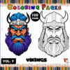A colorful cover for a volume of Viking-themed coloring pages, featuring two Viking illustrations with distinct colorful and black-and-white designs, surrounded by vibrant colored pencils and labeled with 'Vikings Coloring Pages' and 'Vol. 9'.