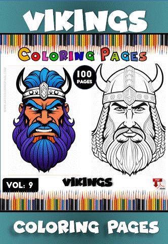 A colorful cover for a volume of Viking-themed coloring pages, featuring two Viking illustrations with distinct colorful and black-and-white designs, surrounded by vibrant colored pencils and labeled with 'Vikings Coloring Pages' and 'Vol. 9'.