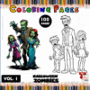 Halloween-themed zombie coloring pages featuring a colorful cover design, indicating a collection of 100 pages for fun coloring.