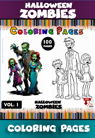 Halloween-themed zombie coloring pages featuring a colorful cover design, indicating a collection of 100 pages for fun coloring.