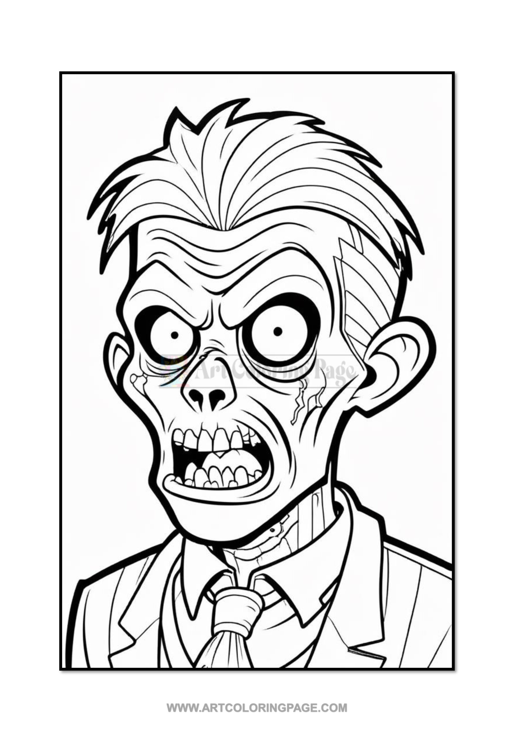A cartoon-style zombie with messy hair, wide eyes, and a torn suit, displaying a scared expression.