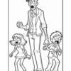 Three cartoon characters are shown in a line, two children and a tall man, all with exaggerated expressions of fear or anger.