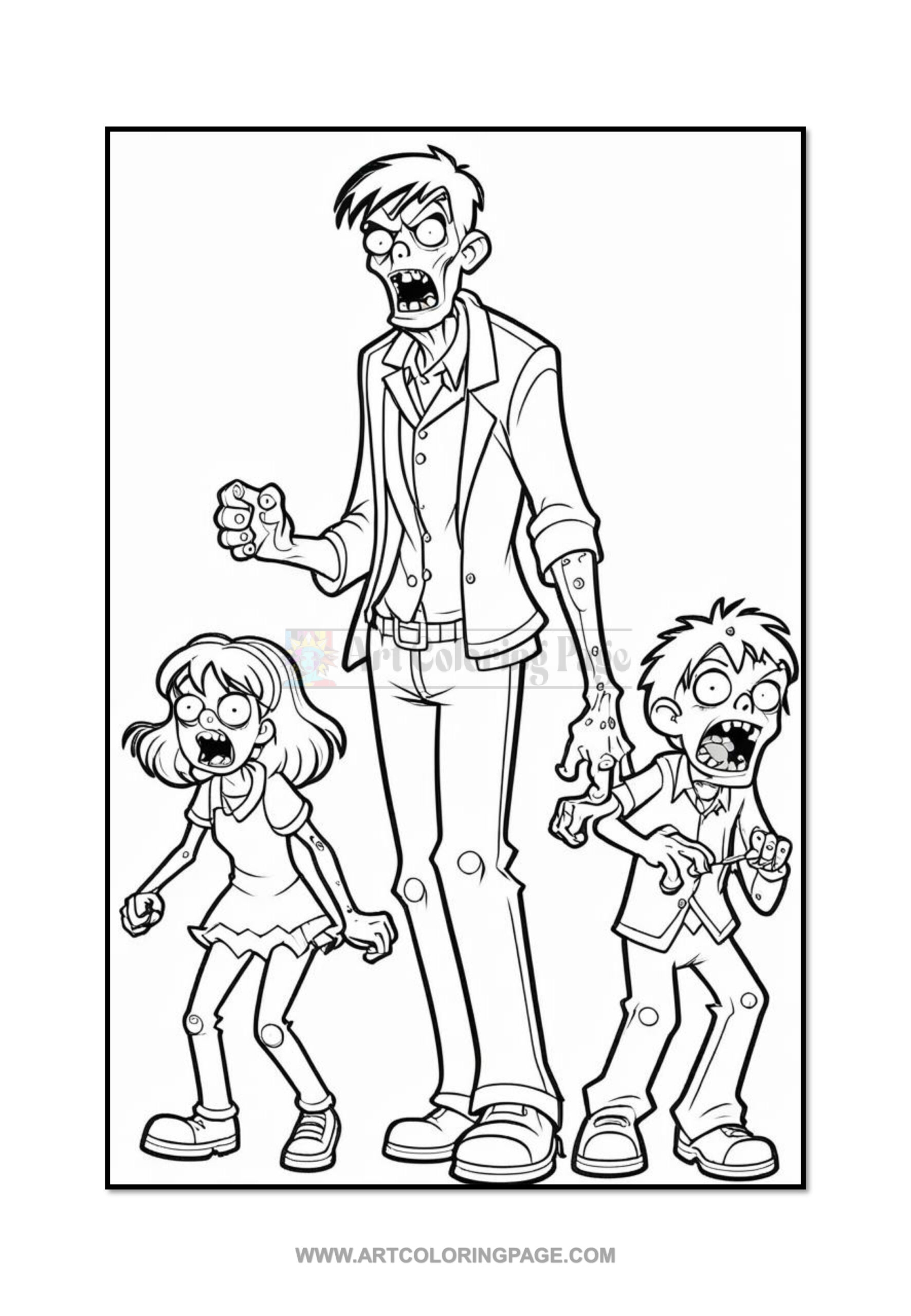 Three cartoon characters are shown in a line, two children and a tall man, all with exaggerated expressions of fear or anger.