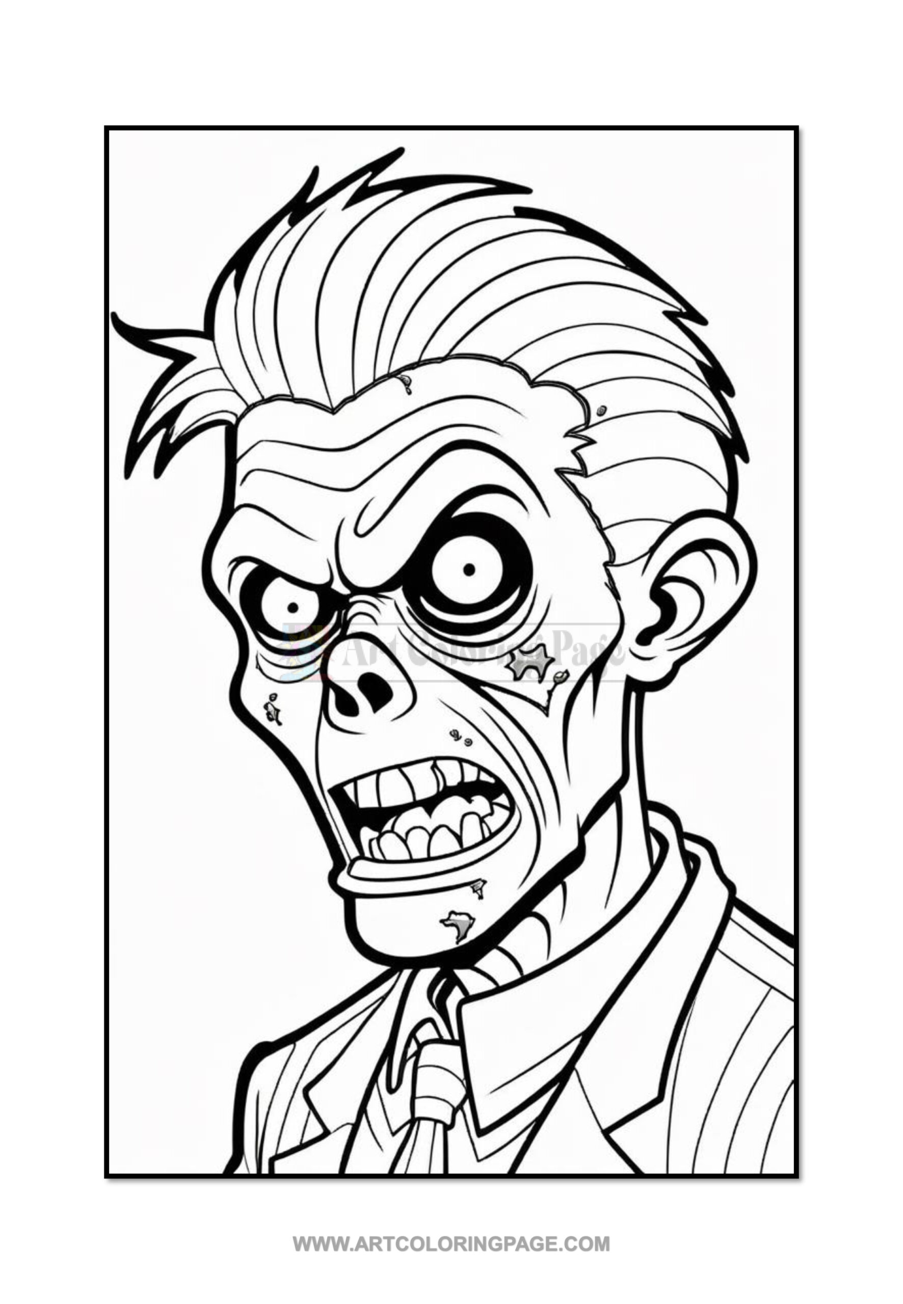 A zombie-like character with exaggerated features, wearing a suit, and displaying a fierce expression.