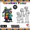 Zombies in colorful outfits and a black-and-white couple, featured in a Halloween-themed coloring book from artcoloringpage.com with 100 cozy coloring pages.