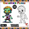 Two zombie characters featured on a coloring page, with a vibrant border showcasing colored pencils, promoting Halloween-themed art at artcoloringpage.com.