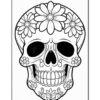 A decorative skull design featuring flowers and intricate patterns, suitable for coloring.