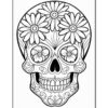 A decorative sugar skull adorned with flowers and intricate patterns, suitable for coloring.