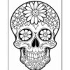 A decorated sugar skull design featuring flowers and intricate patterns, suitable for coloring.