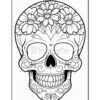 A decorative skull coloring page featuring floral designs with empty eye sockets and intricate patterns.
