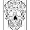 A decorative sugar skull featuring floral designs, heart-shaped eyes, and intricate patterns.