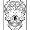 A decorated skull design featuring floral patterns, suitable for coloring.