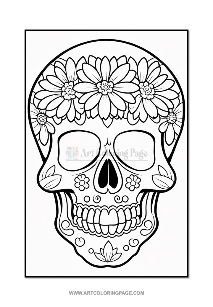 A decorated skull design featuring floral patterns, suitable for coloring.