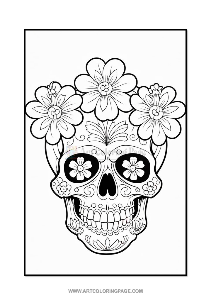 A decorated skull surrounded by flowers, featuring intricate designs and patterns.