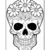 A decorative skull illustration featuring floral designs on the forehead and a symmetrical pattern around the eyes and mouth.