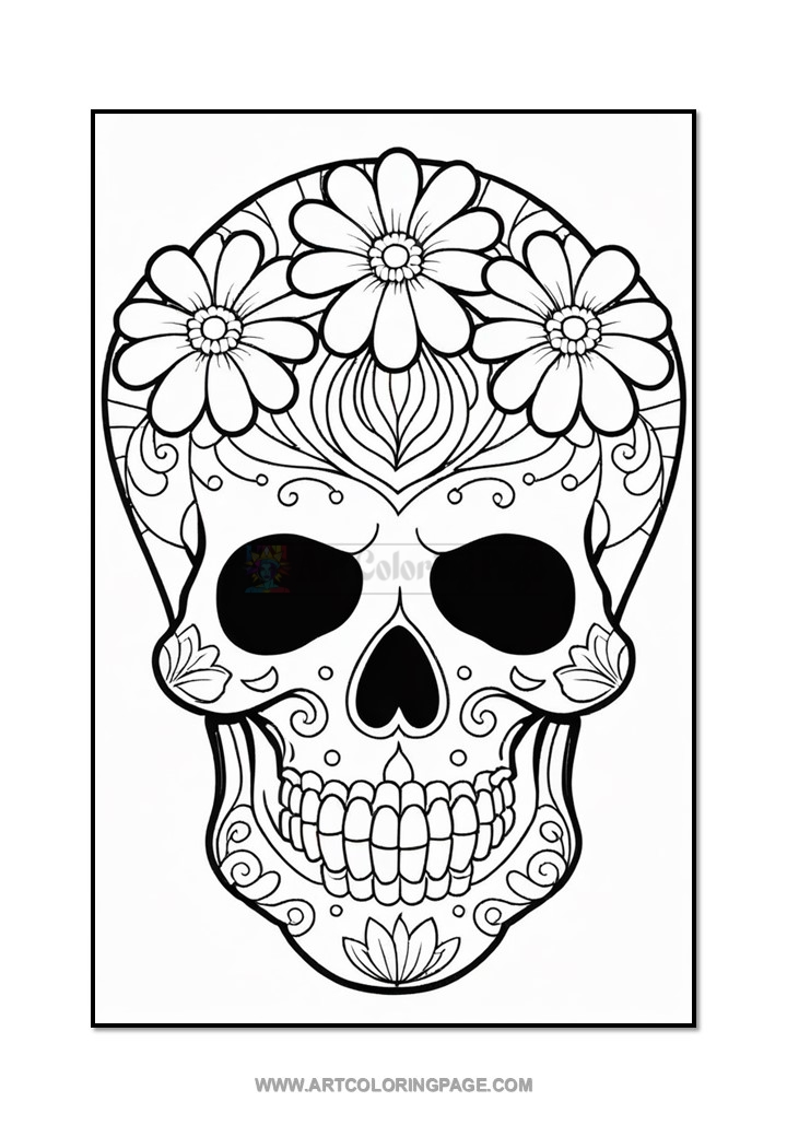 A decorative skull illustration featuring floral designs on the forehead and a symmetrical pattern around the eyes and mouth.