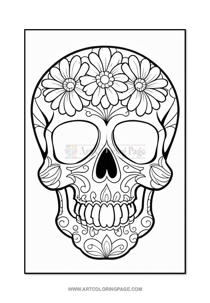A decorated skull with floral patterns, featuring prominent daisies on the forehead and intricate designs on the surface.