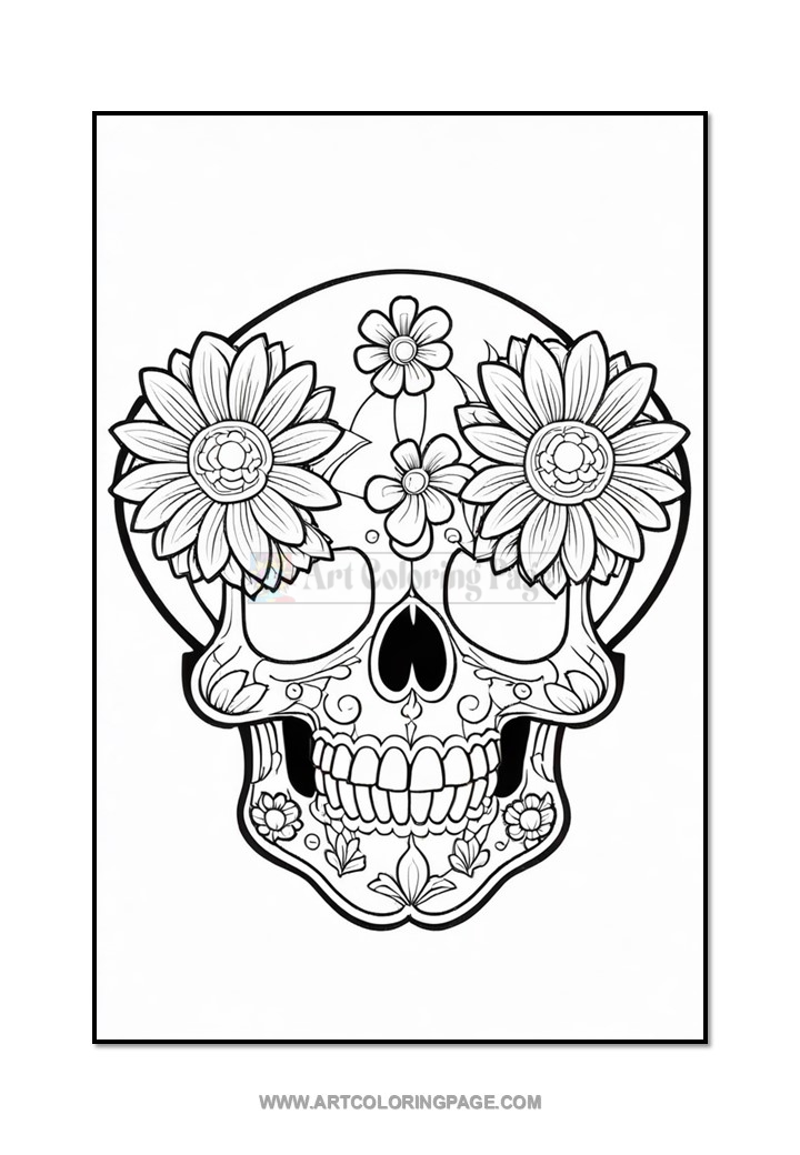 A detailed black and white skull illustration adorned with flowers and decorative patterns, suitable for coloring.