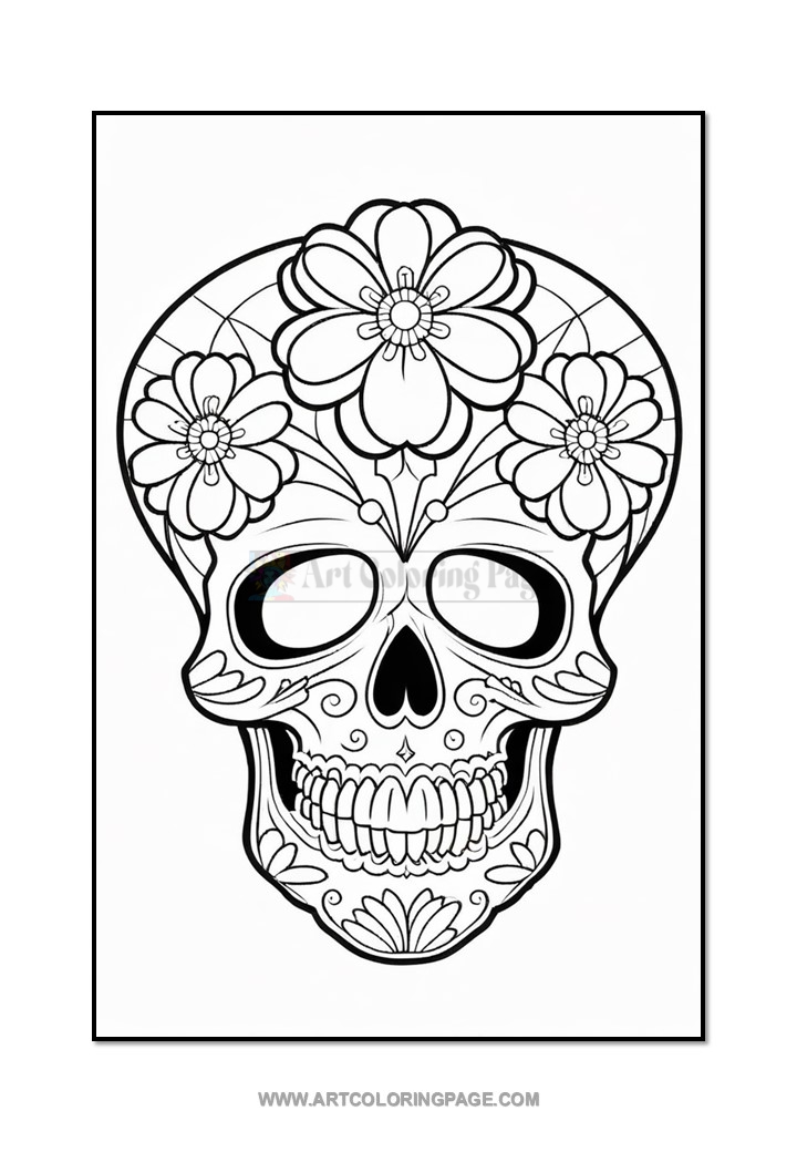 A detailed black and white coloring page of a decorated skull featuring floral designs and intricate patterns.
