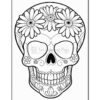 A decorative skull illustration featuring flowers, designed for coloring activities.